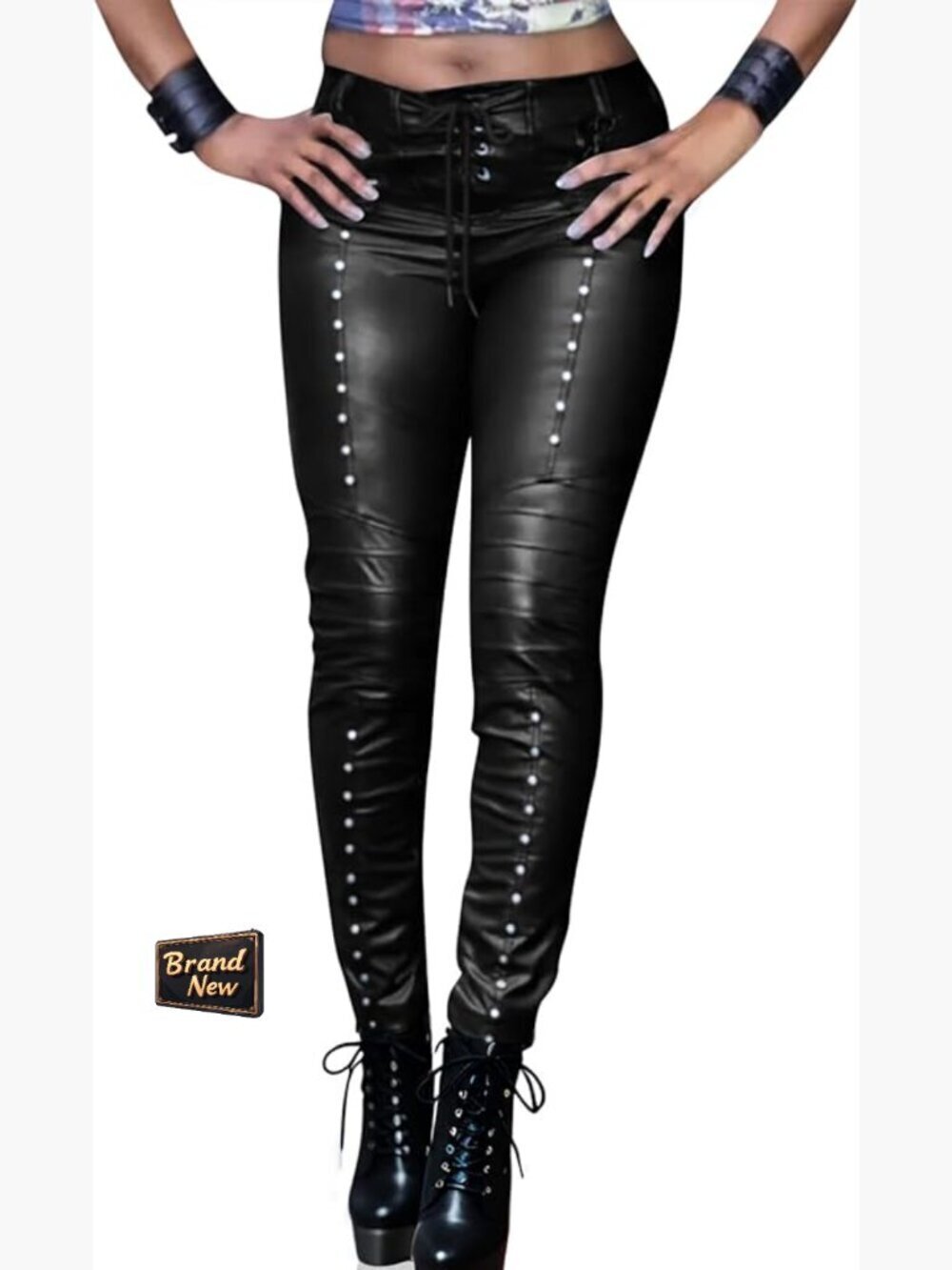 Faux Leather Leggings Gothic Punk Skinny PU Leather Pants Mid Rise Studded